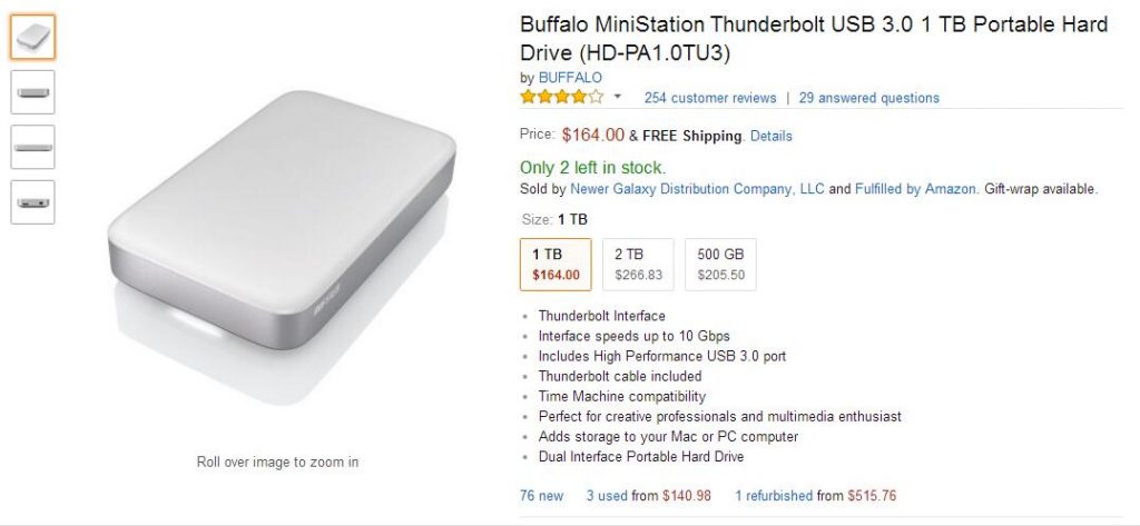 Thunderbolt接口移动硬盘 BUFFALO MiniStation 1 TB Thunderbolt